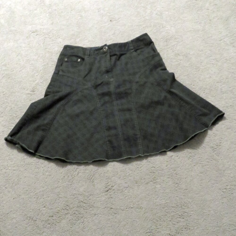 Cute Nine & Co. Weekend Denim Stretch Flare Skirt, Size 10, Navy & Green Plaid
